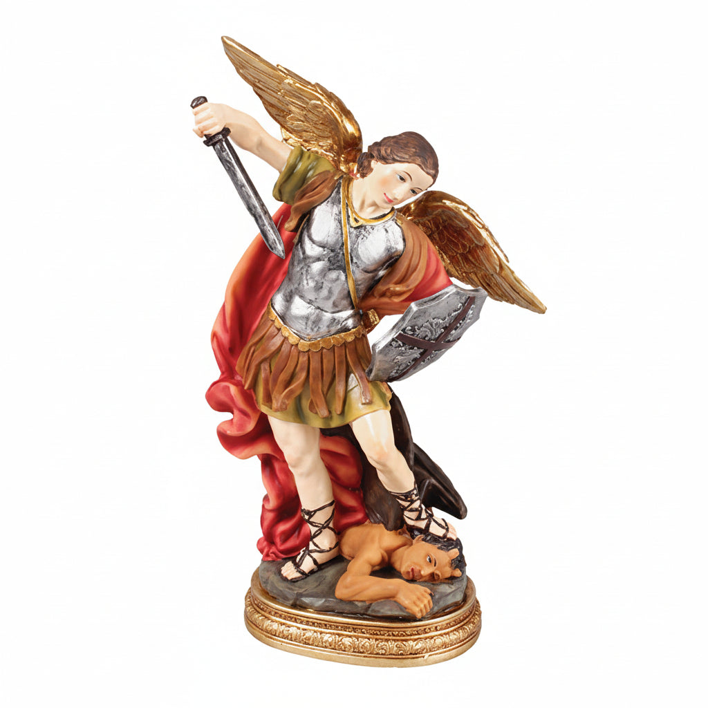 A resin statue of Saint Michael the Archangel, depicted in a traditional Italian artistic style, holding a sword and standing on a base.