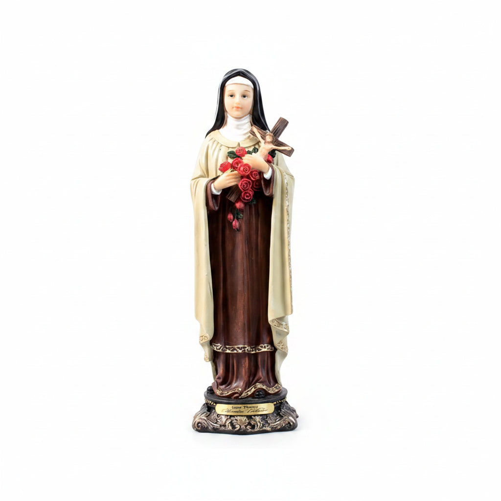 A religious figurine of a saint nun holding a rosary and a bouquet of red roses, standing on an ornate base with a gold plaque.