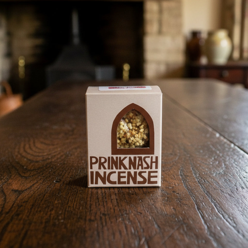 Box of Prinknash Incense with a clear window showing incense balls inside, on a white background.