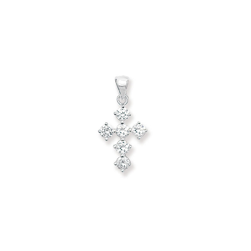 Silver cross pendant with clear stones on a white background