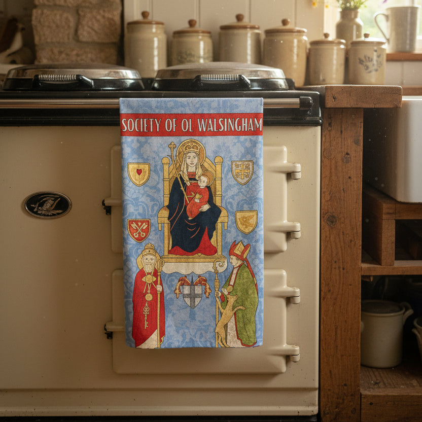 Decorative poster for the Society of Ol Walsingham featuring a central figure with a child, flanked by two other figures, on a blue background with red and gold accents.