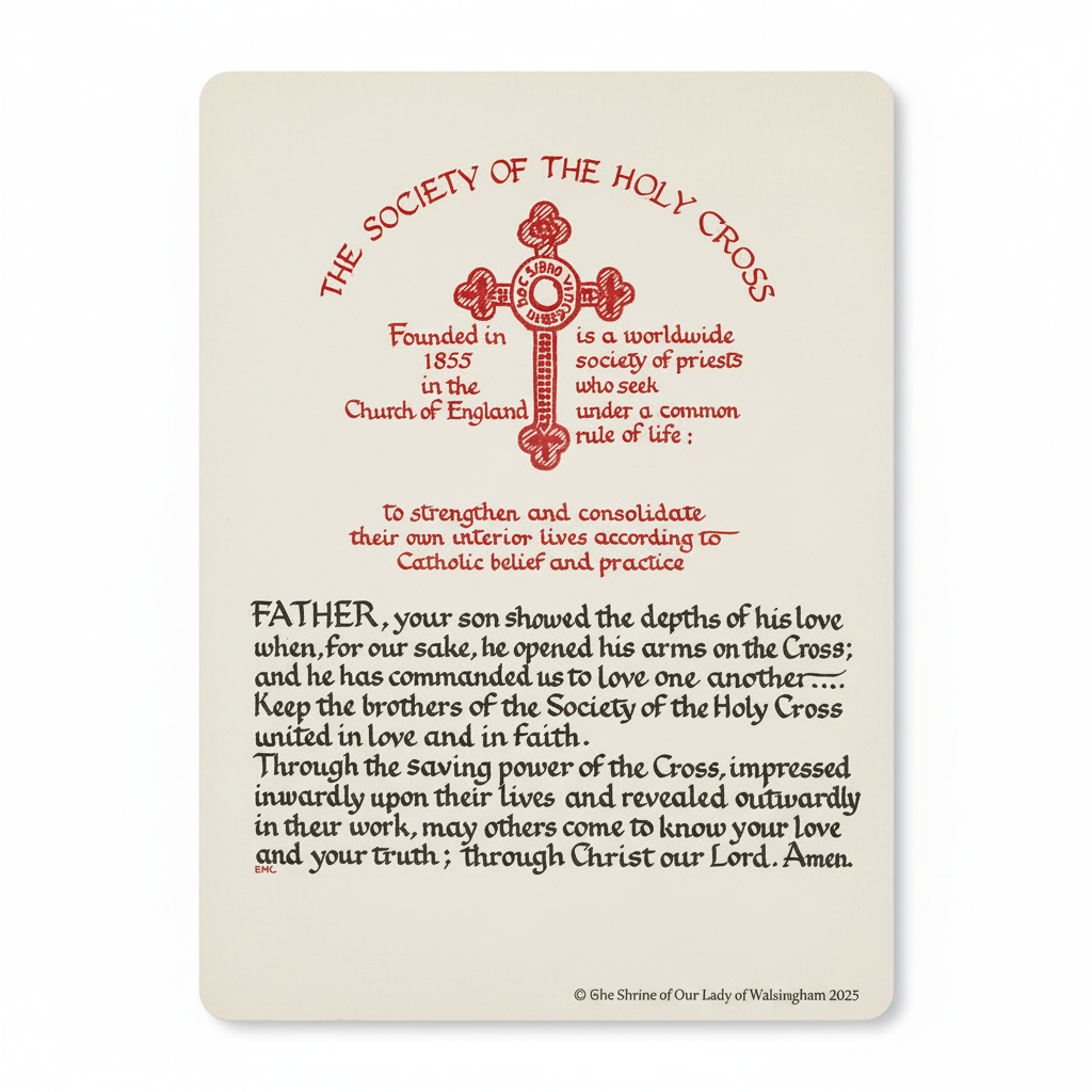 Decorative card with red text and cross design on a beige background