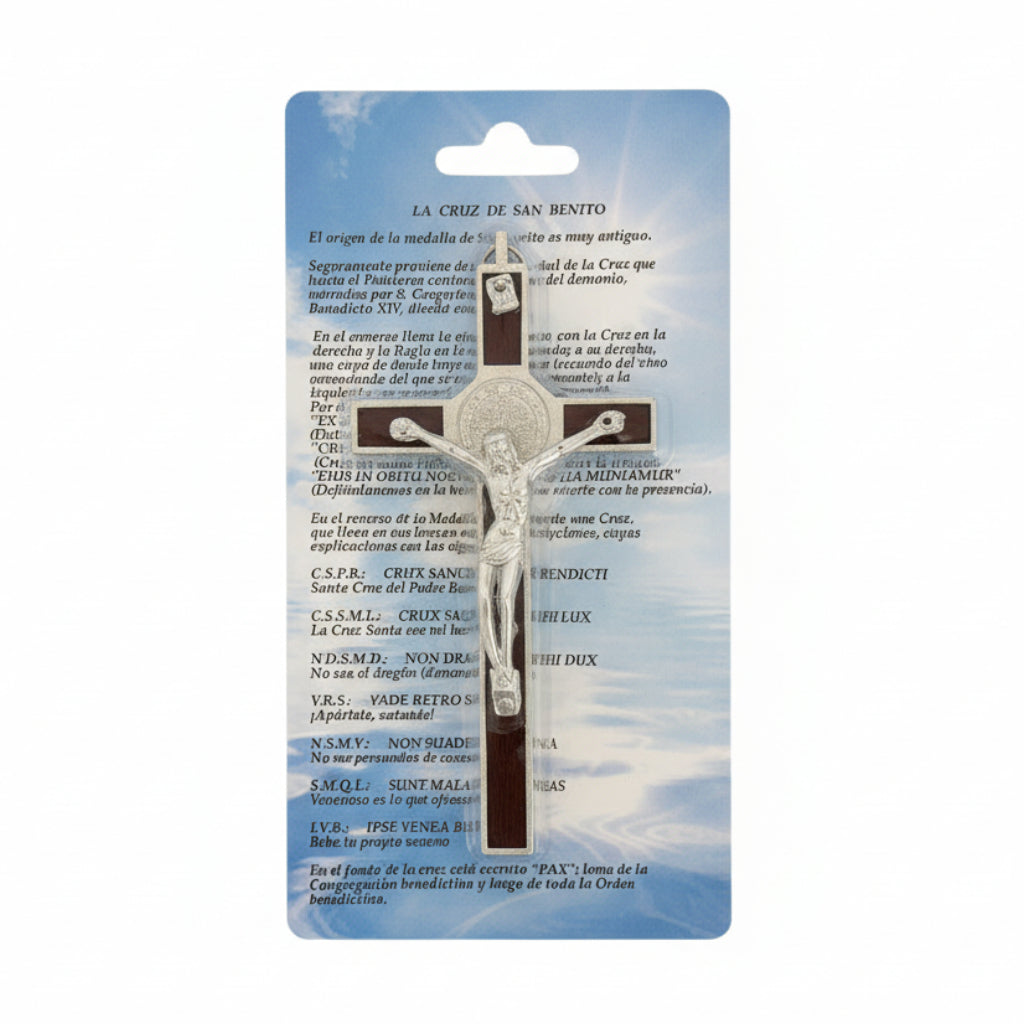 A St Benedict wall crucifix on a blue background with product information text.
