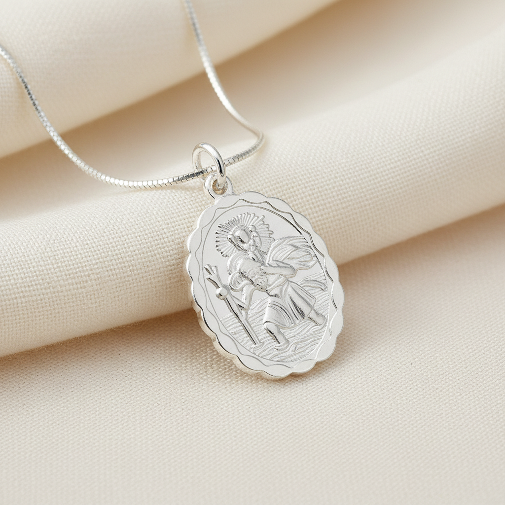 Silver st christopher pendant necklace on a beige fabric background