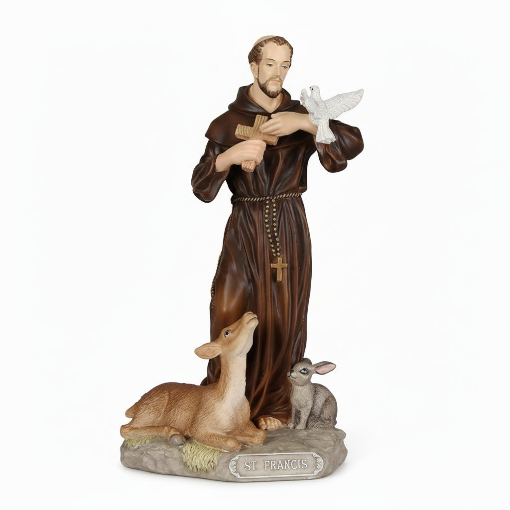 Statue of St. Francis with a dove, deer, and rabbit on a gray background
