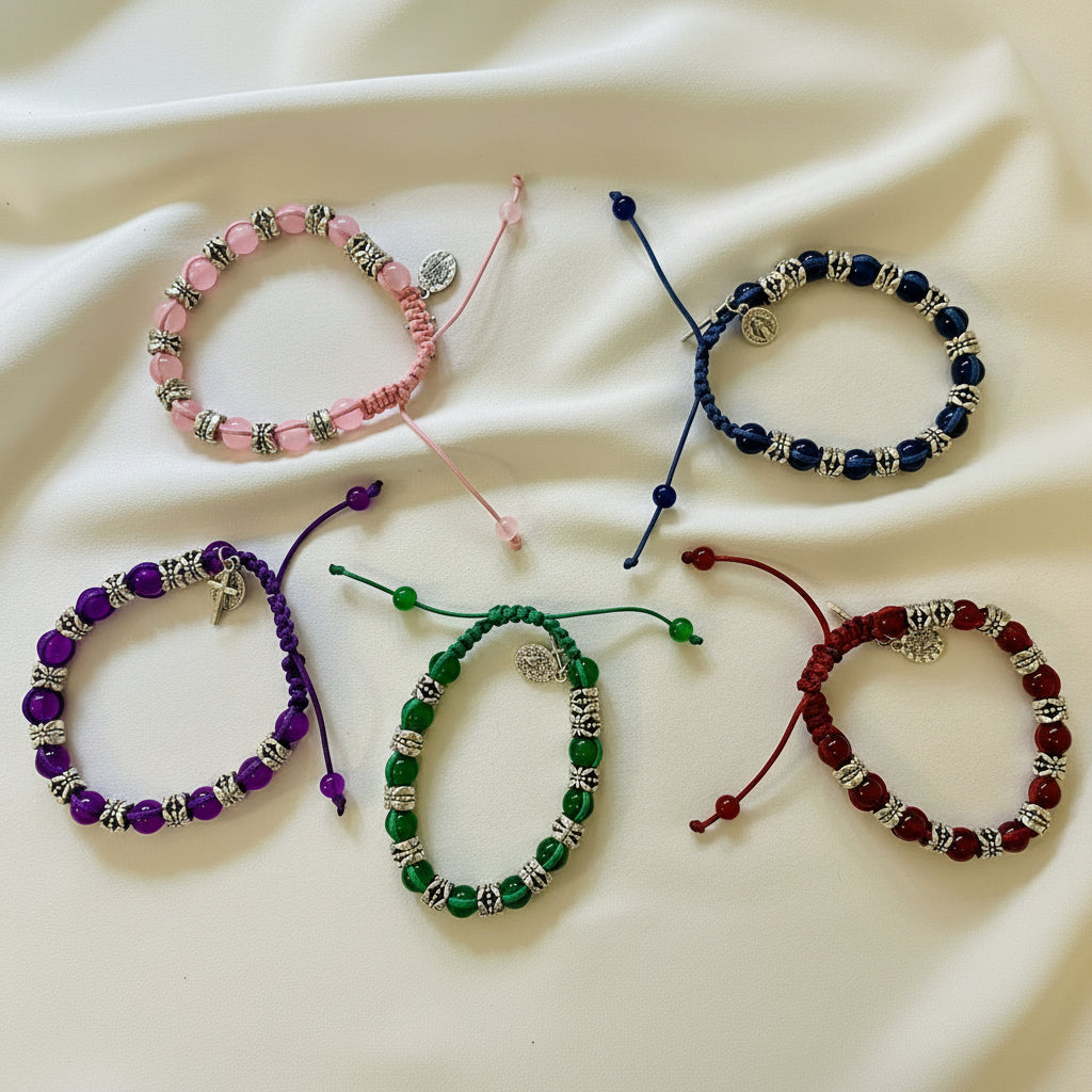 Five stone bracelets with 10mm beads in pink, blue, purple, green, and red colors, displayed on a white background.