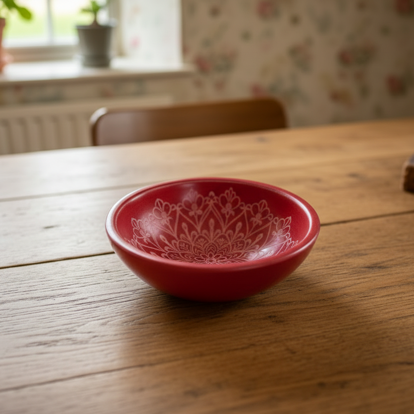 A round, red soapstone dish with a hand-carved Tree of Life design.