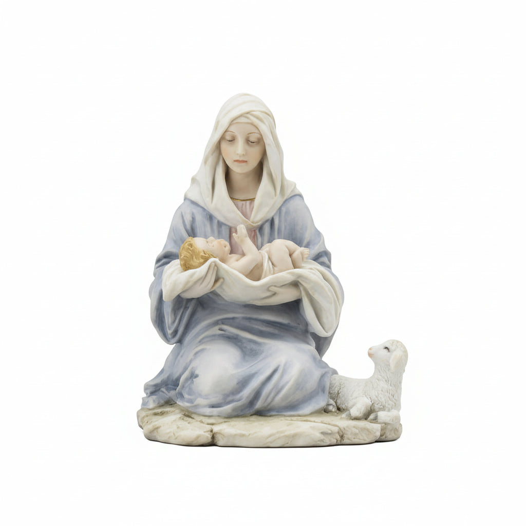 Statue of a woman holding a baby with a lamb on a white background