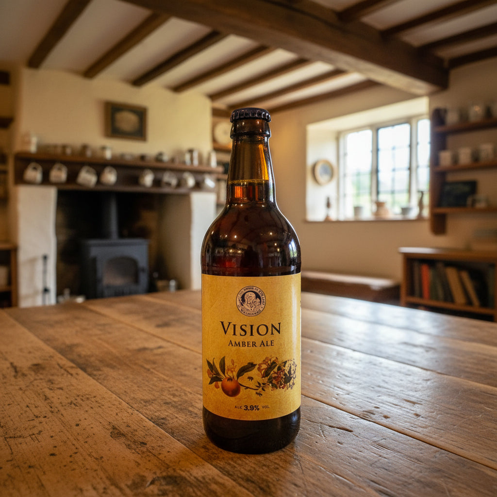 Bottle of Vision Amber Ale on a wooden table with a rustic interior background