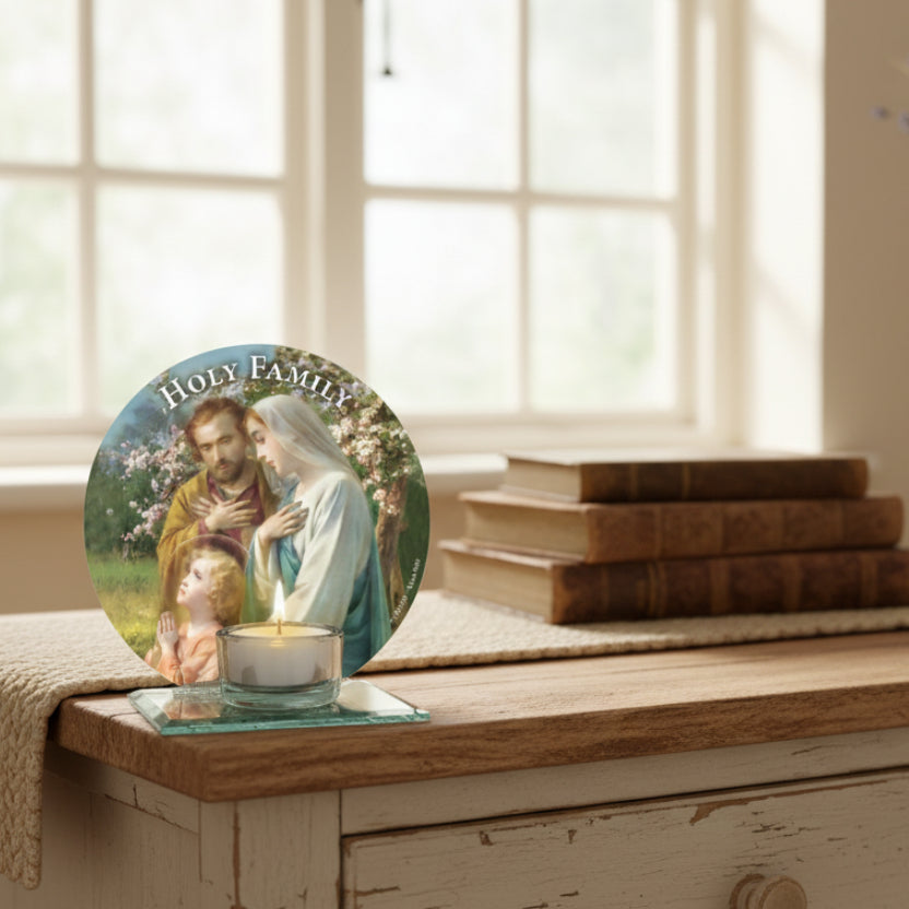 Decorative plate with 'Holy Family' design featuring a man, woman, and child in a garden setting.