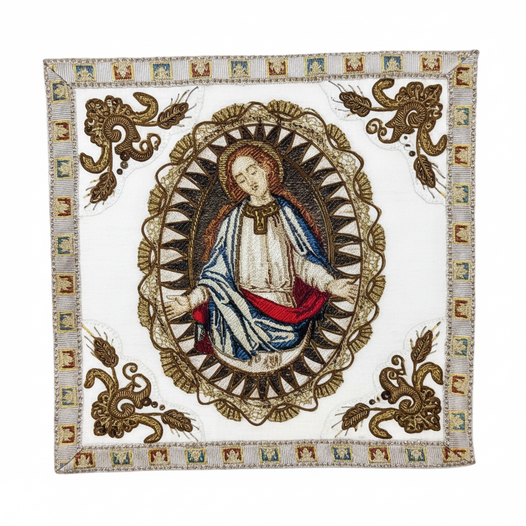 A greeting card with a religious image, depicting a figure of Jesus Christ, surrounded by ornate decorative elements, presented in a square format.
