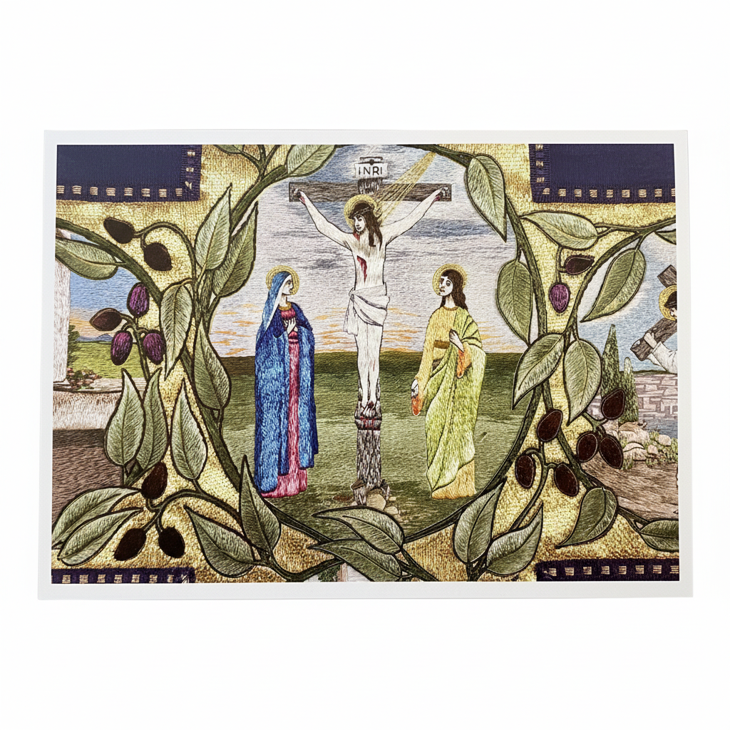 A greeting card with a religious theme, depicting a crucifixion scene with figures in robes and an olive branch in the background.
