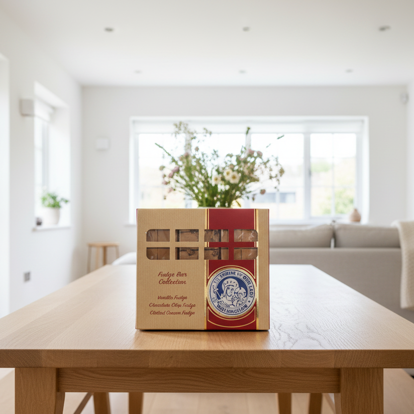 Packaging of 'Fudge Collection' showcasing three fudge bars - vanilla, chocolate chip, and vanilla with a mint leaf design on the packaging. The package indicates the product is suitable for vegetarians and contains milk.