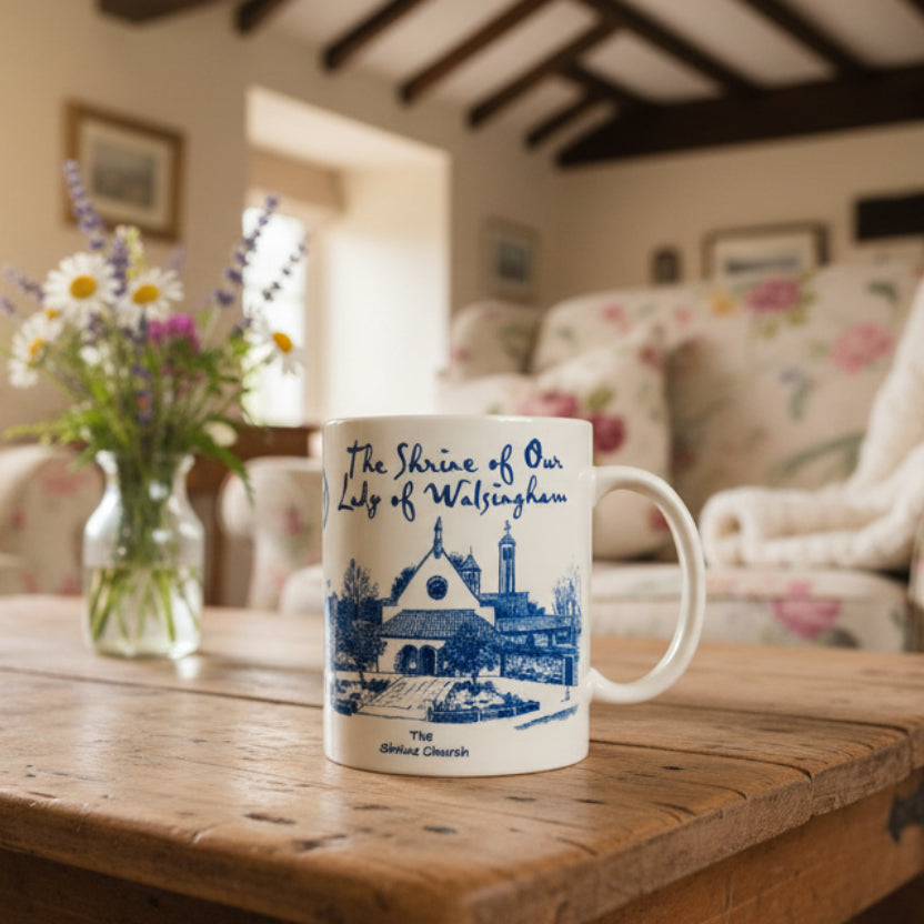 Mug with blue design and text on a white background