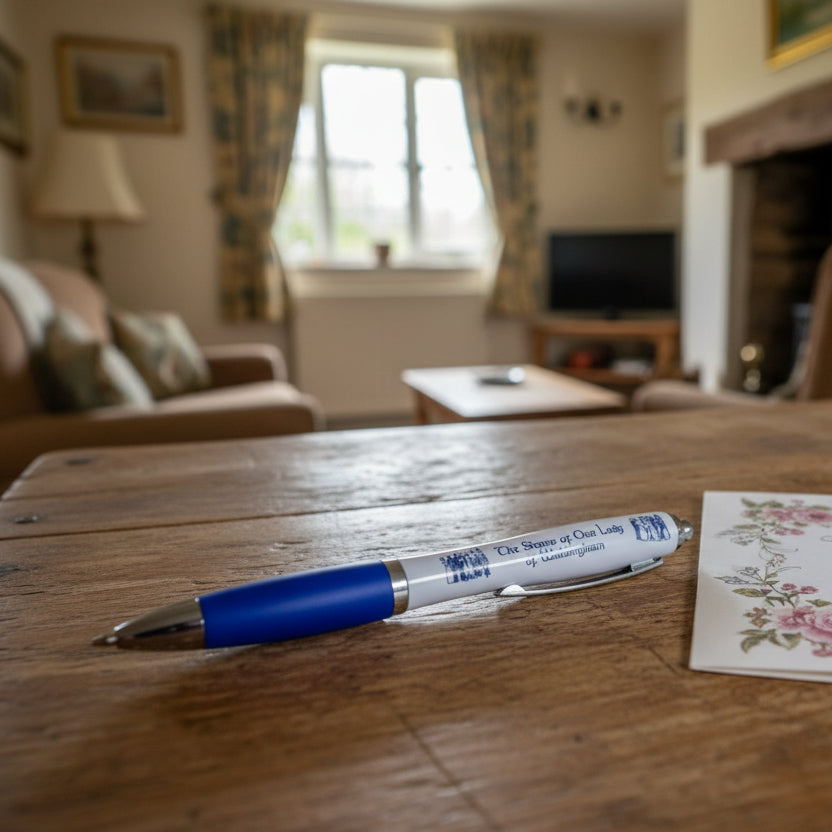 Pen with blue grip and white barrel on a beige surface