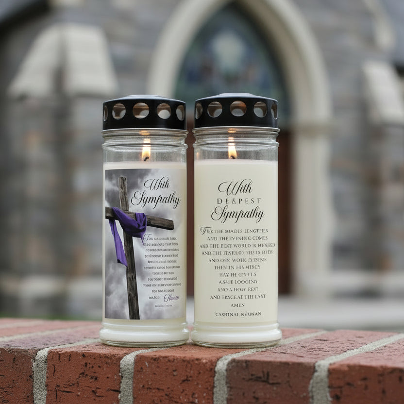 Two with sympathy candles candles with religious text and imagery in a glass container.