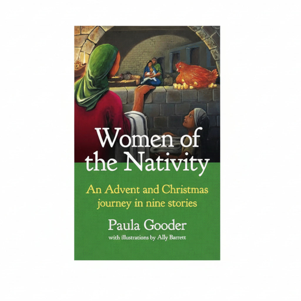 Book cover of 'Women of the Nativity' by Paula Gooder with illustrations by Ally Barrett, featuring a scene of women in a rustic setting.