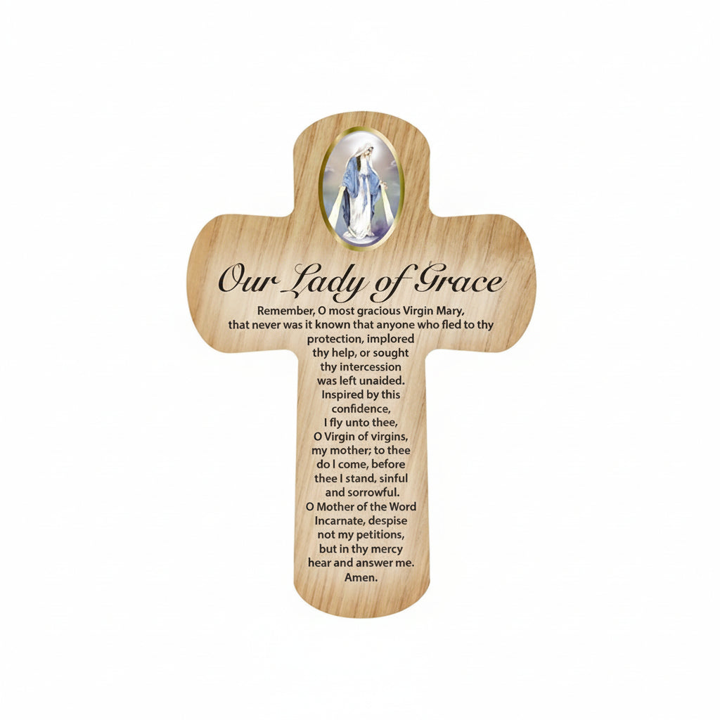 Wooden cross with an image of Our Lady of Grace and prayer text on a white background