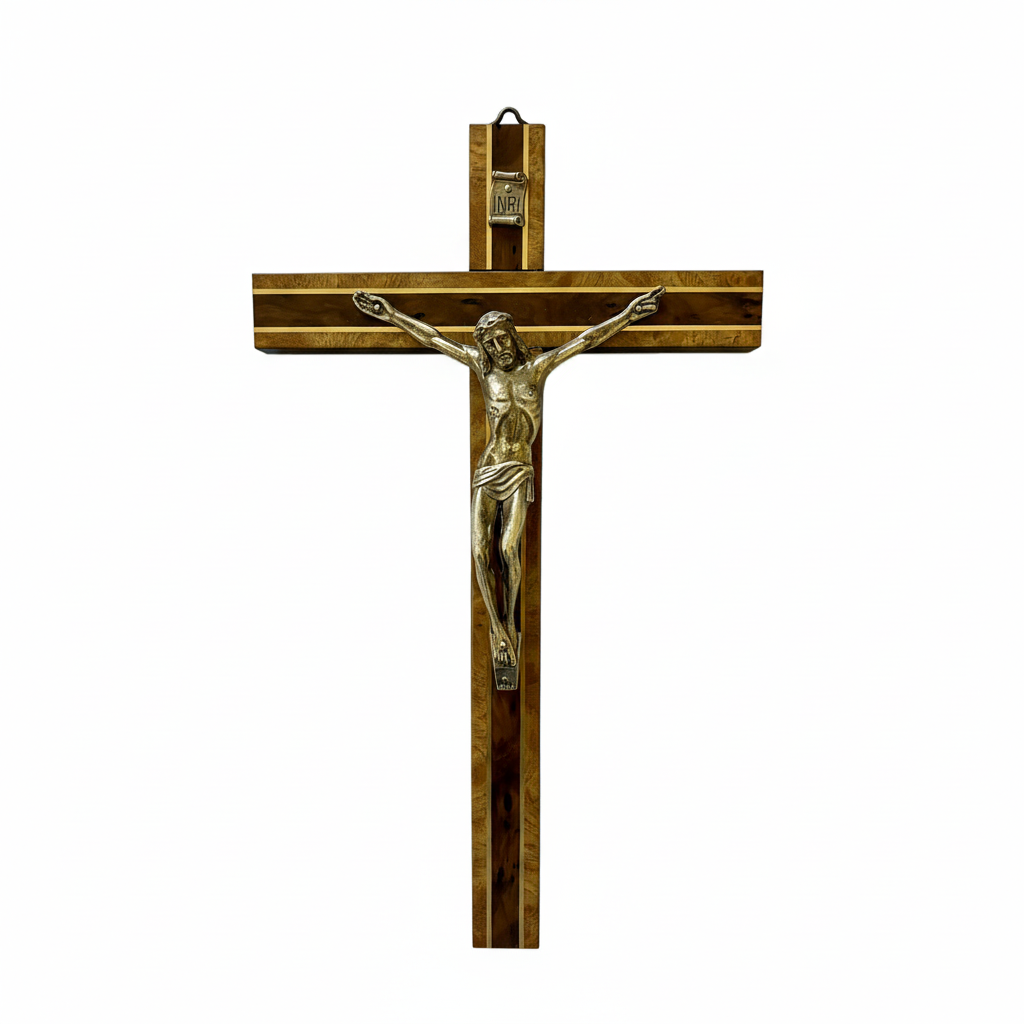 A gold painted wooden crucifix with a figure of Jesus Christ on it.