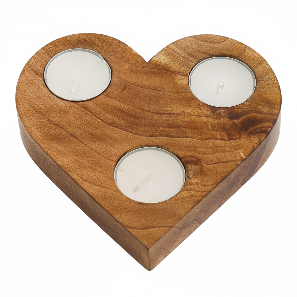 A heart-shaped wooden candle holder with three tealight candles inserted.