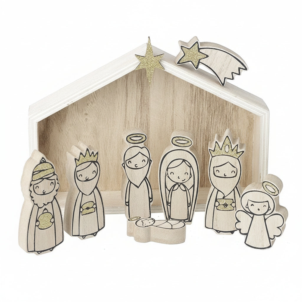 Wooden nativity scene with cartoon-style figures in front of a wooden stable.