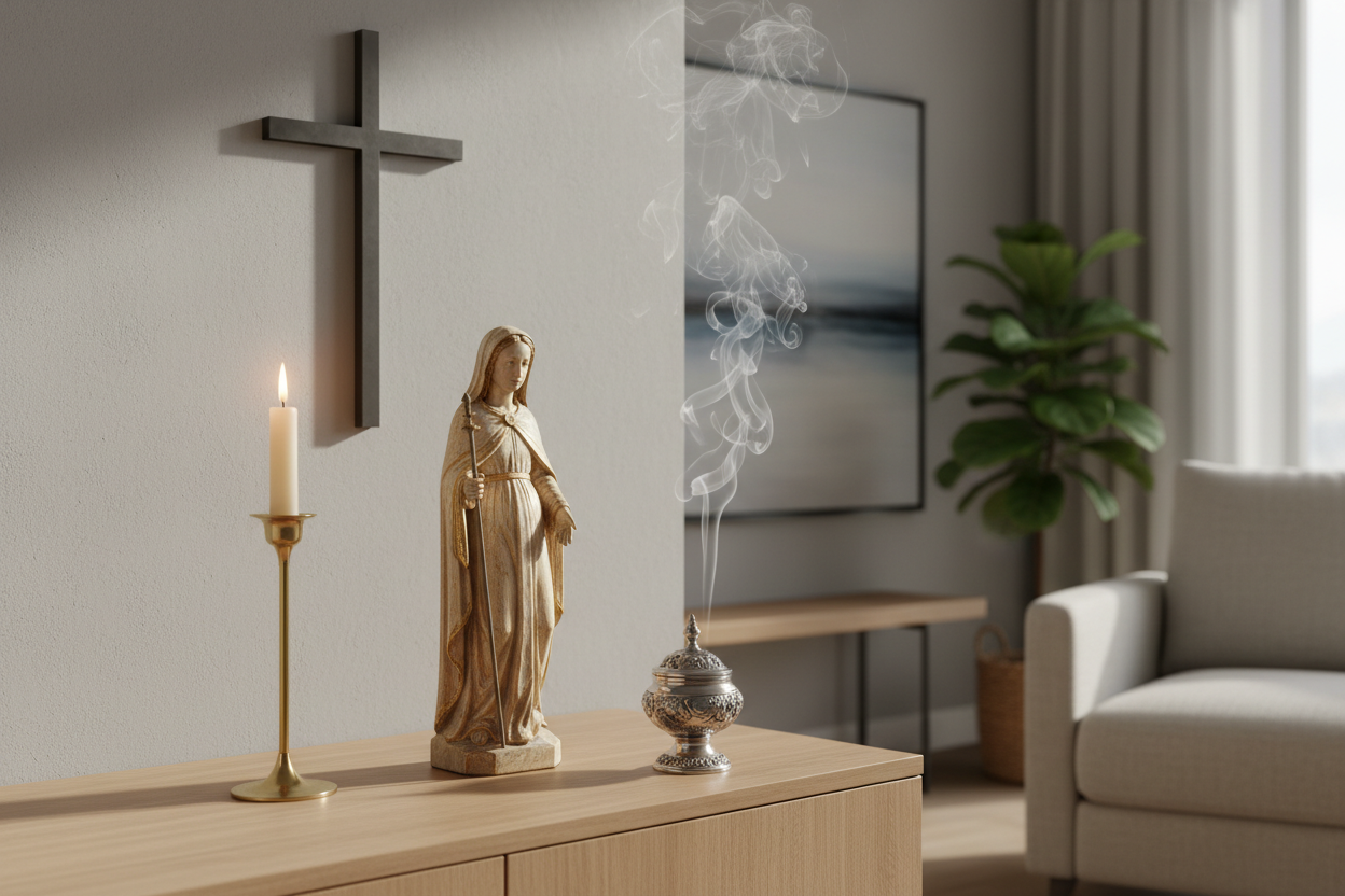 a home shrine n a modern setting with candle, incense, cross statue of our lady of walsingham