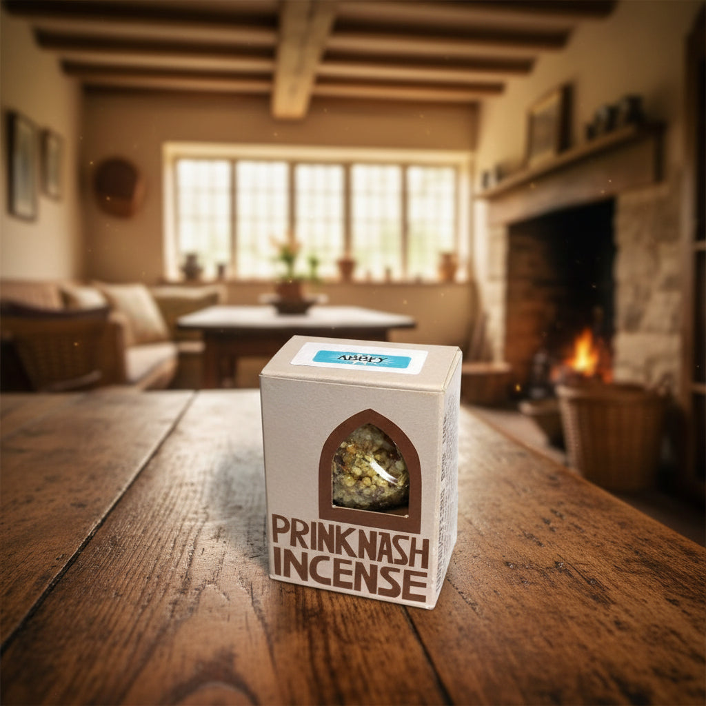 Box of Prinknash Incense with a clear window showing the incense inside.