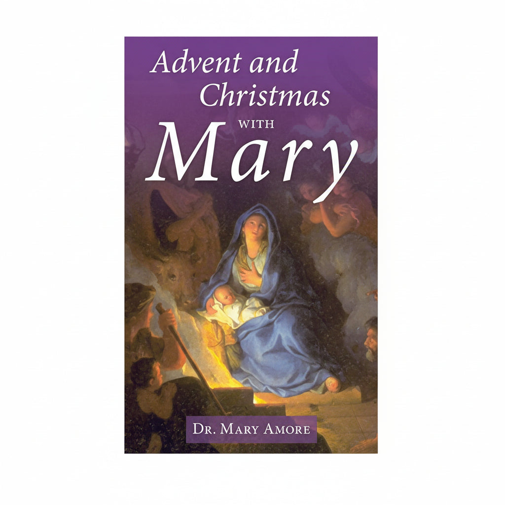 Book cover of 'Advent and Christmas with Mary' featuring a nativity scene on a purple background.