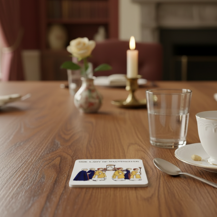 A ceramic coaster with a depiction of the Procession of Our Lady of Walsingham, featuring colorful illustrations of people in historical clothing and processional attire.