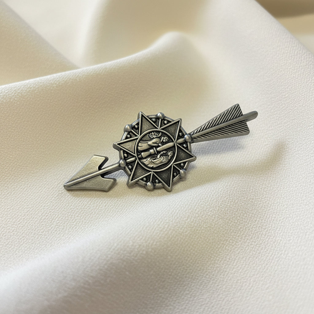 a metal arrow pilgrim badge 