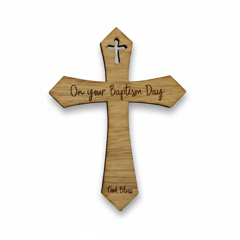 an image of a wooden cross with a baptism message used as a gift