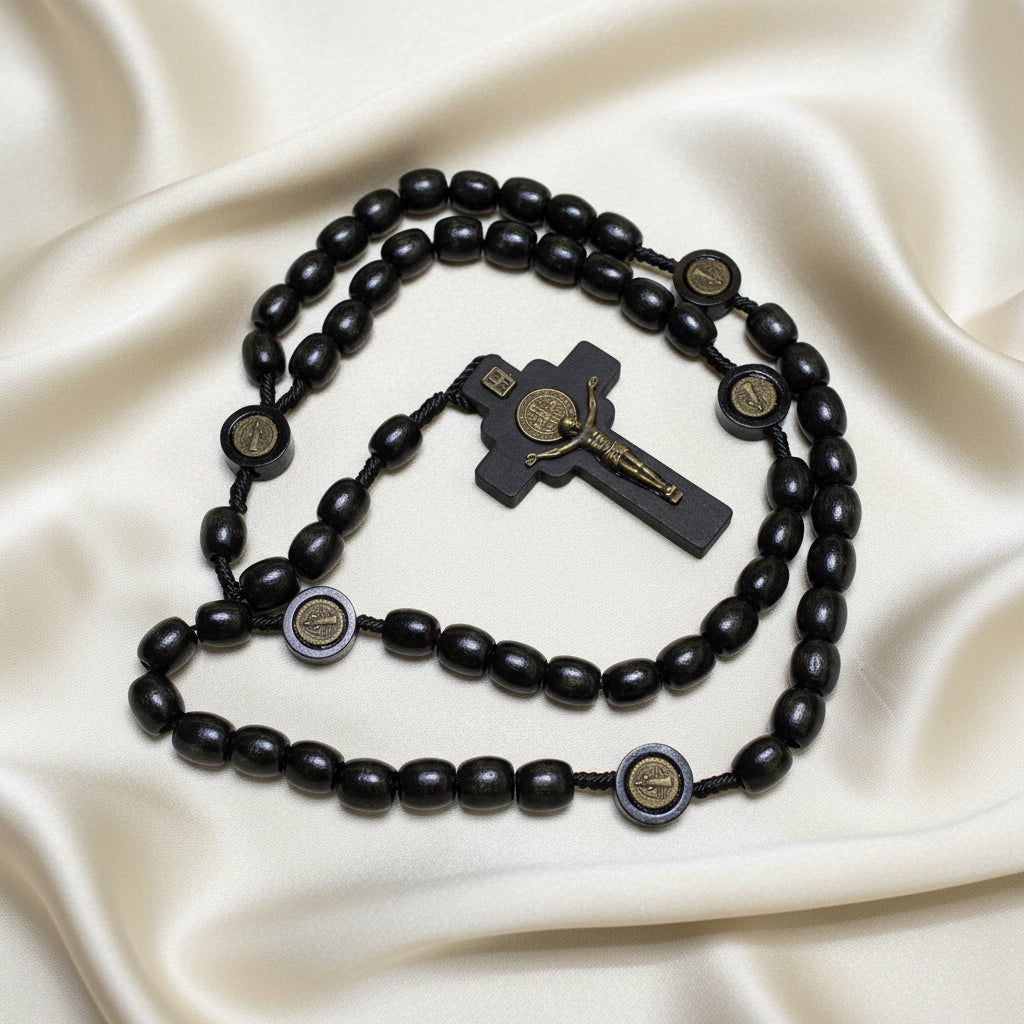 A black wooden rosary with metal St. Benedict motifs and a cross pendant.