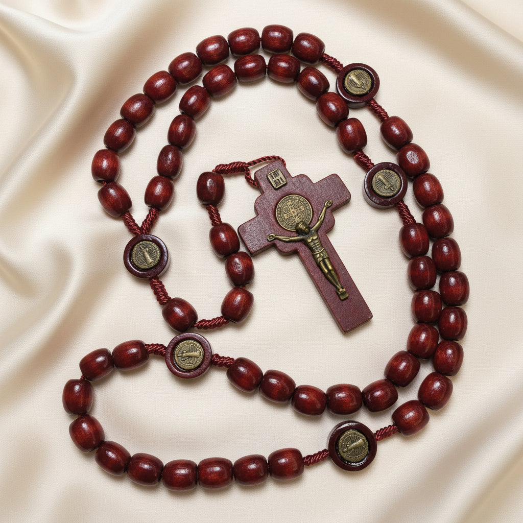 A brown wooden rosary with metal St. Benedict motifs and a cross pendant.