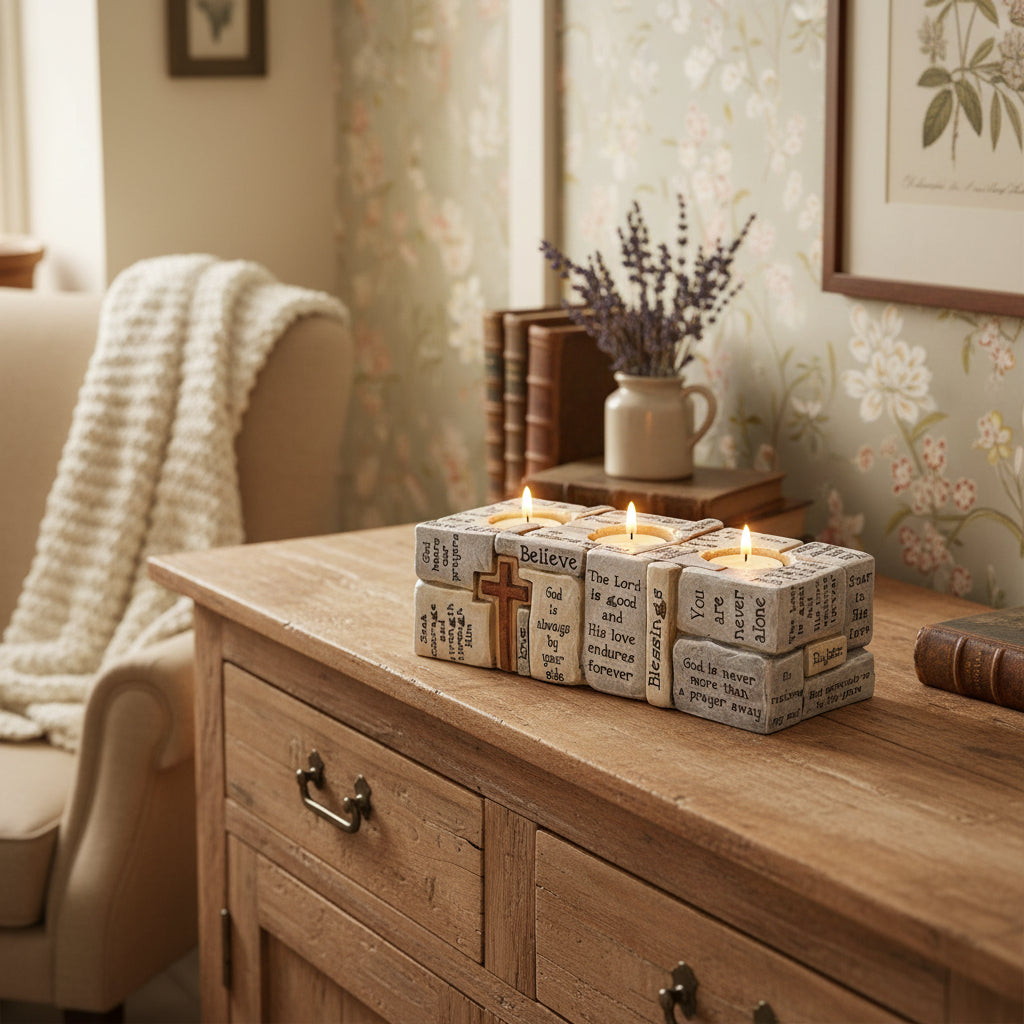 A beige Roman Inc inspirational tealight candle holder with spaces for three tealights, featuring cross and inspirational message designs.