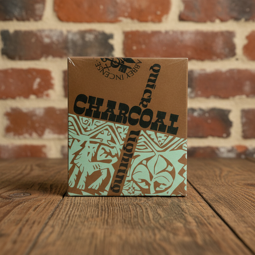 Box of Charcoal Lighter on a wooden surface with a brick wall background