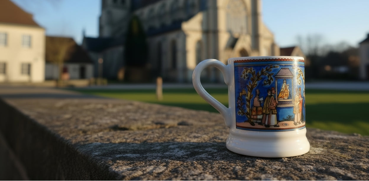 Decorative mug of our lady of walsingham with a scenic design on a stone ledge in front of a cathedral.