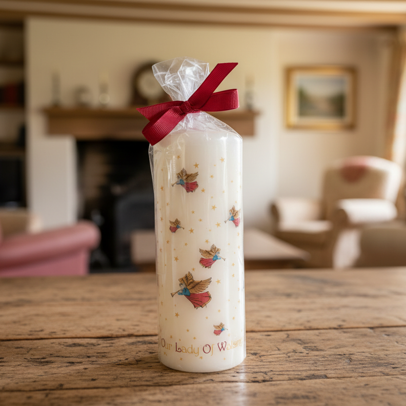 A white pillar candle with a red and gold design, featuring floral patterns and topped with a red ribbon, wrapped in plastic packaging.