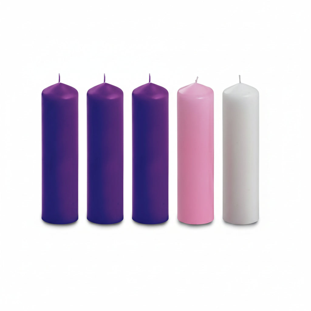 Set of five candles in purple, pink, and white on a white background