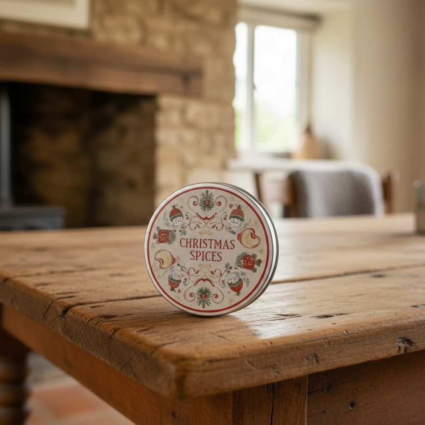Round tin with Christmas-themed design on a white background