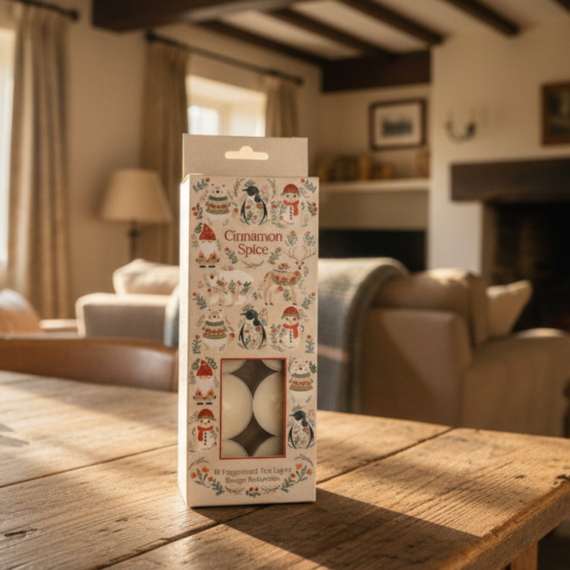 Packaging of Cinnamon Spice products with decorative design on a white background