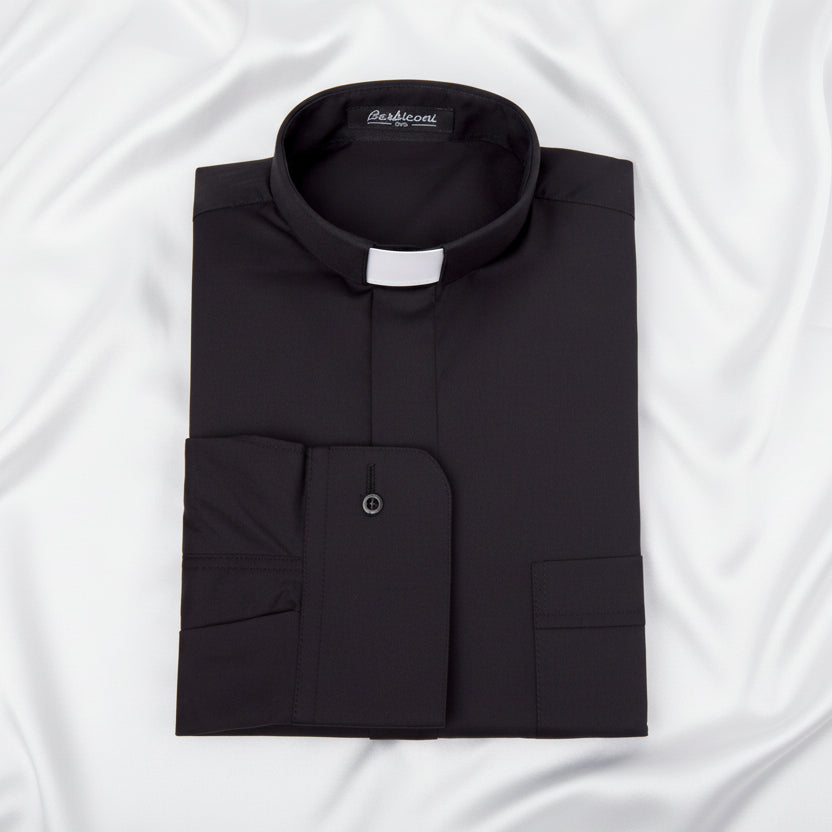 Black clerical shirt with a collar on a white background