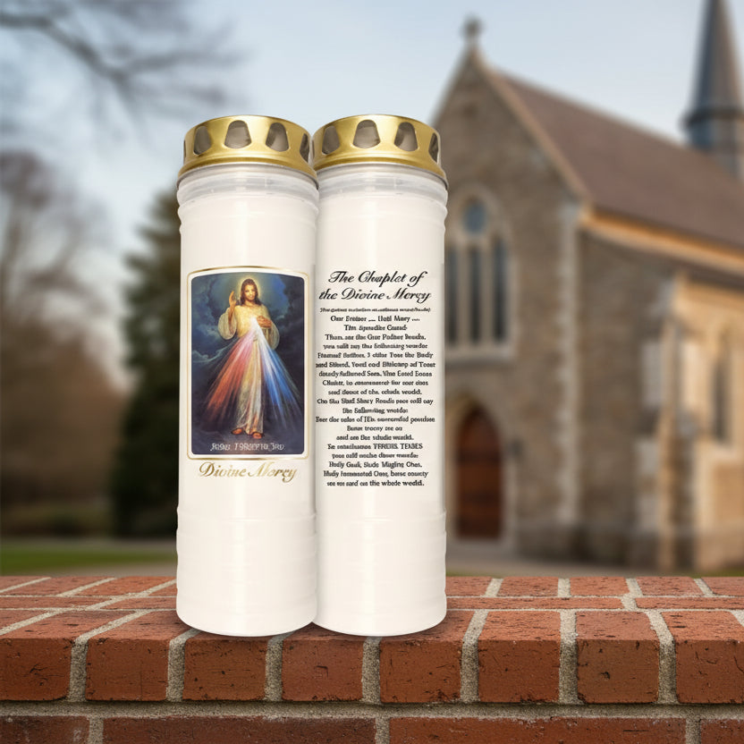 Two prayer candles with a depiction of the Divine Mercy on a white background