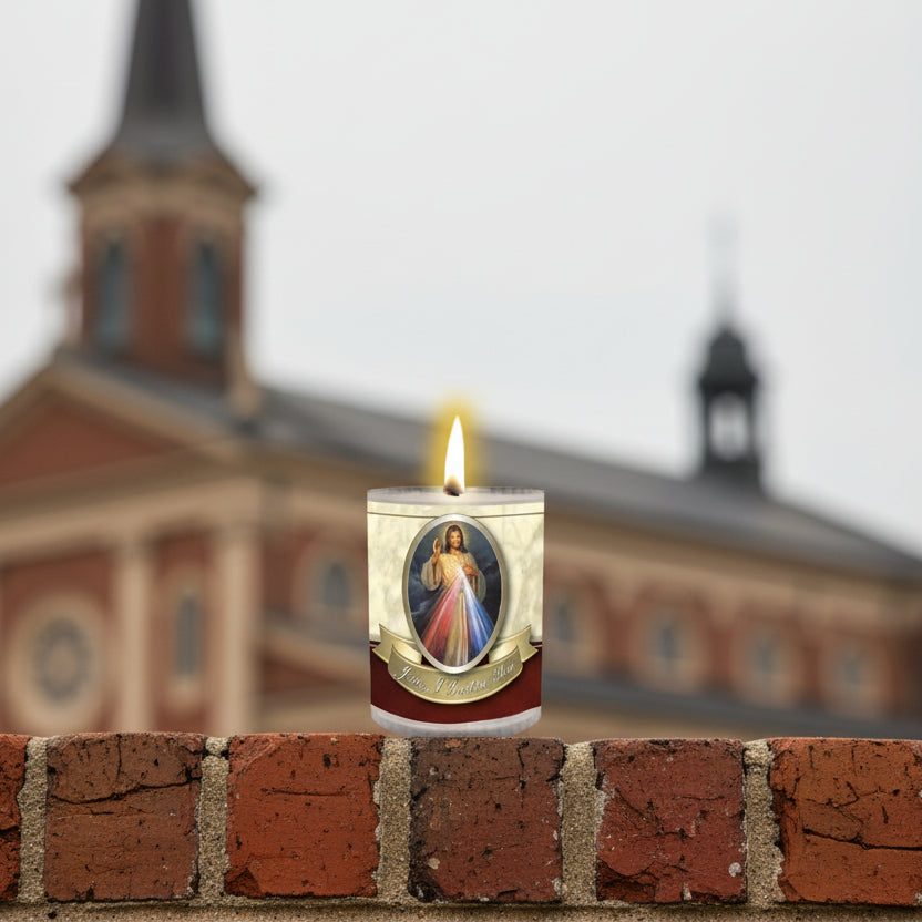 Candle with an image of Jesus on a white background