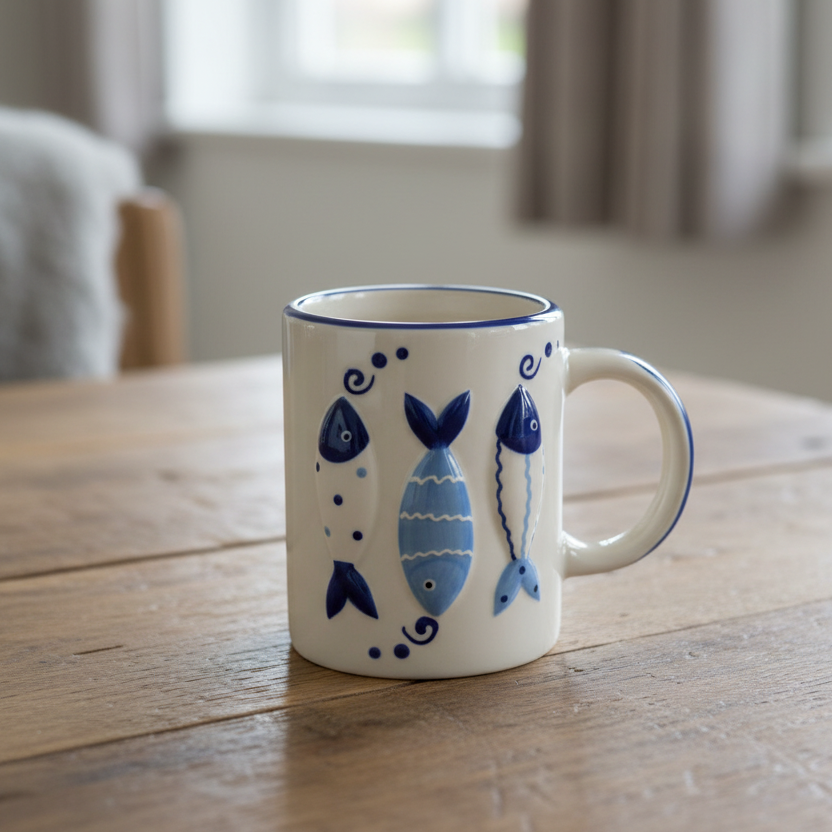 A set of ceramic kitchenware with a raised fish design, glazed in blue and white colors, including a mug and a spoon rest.