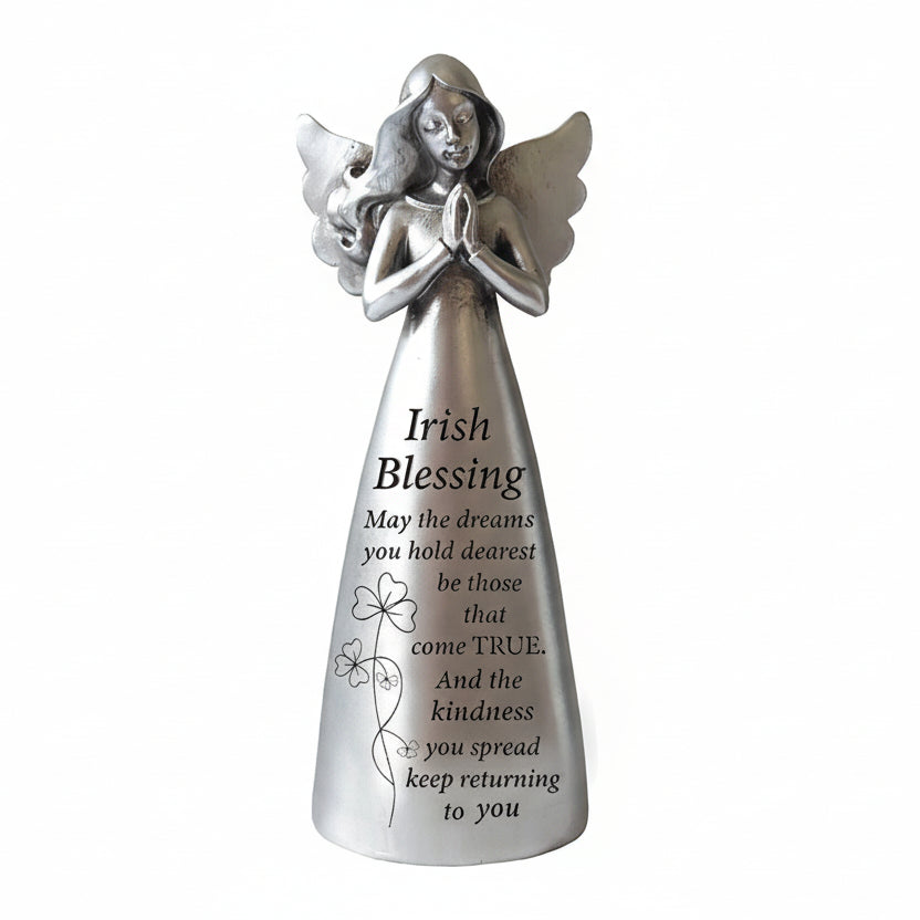 A resin angel figurine with a silver metallic finish, featuring an Irish blessing message.