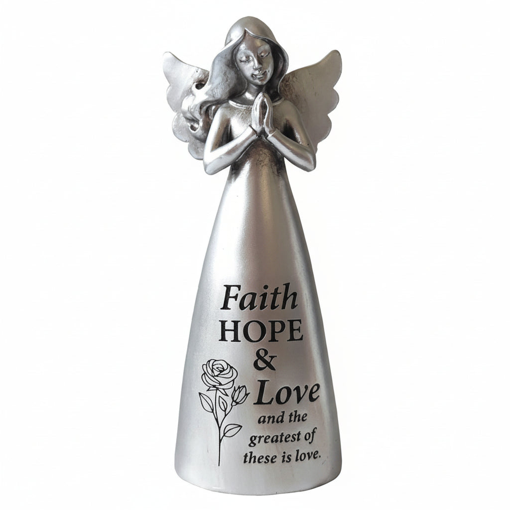A silver metalic finish resin angel figurine with the words 'Faith, Hope & Love' inscribed at its base.