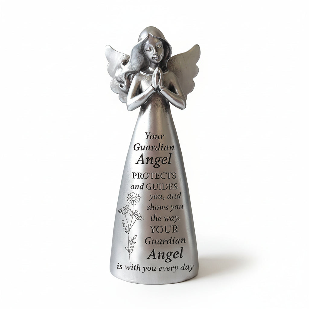 A 5 inch resin angel statue with silver metallic finish, featuring a message from the brand The Shrine Shop.