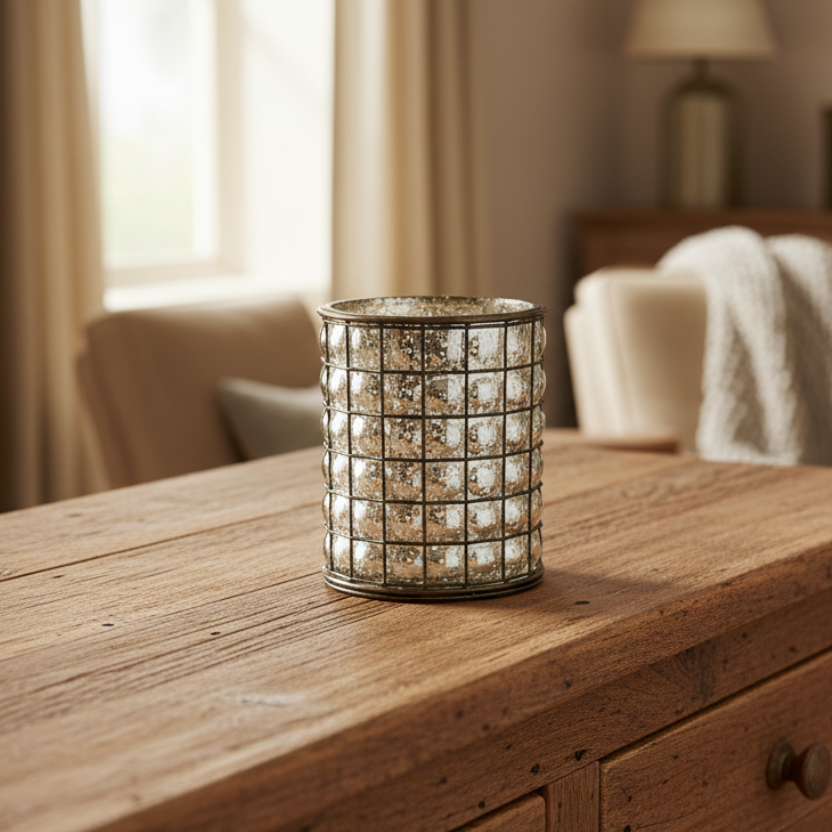 Decorative candle holder on a wooden surface with a cozy living room background