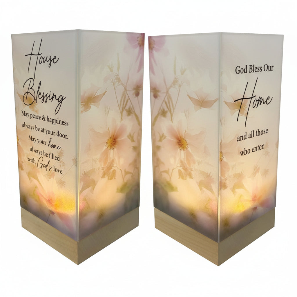 Decorative lantern with floral design and text on front and back