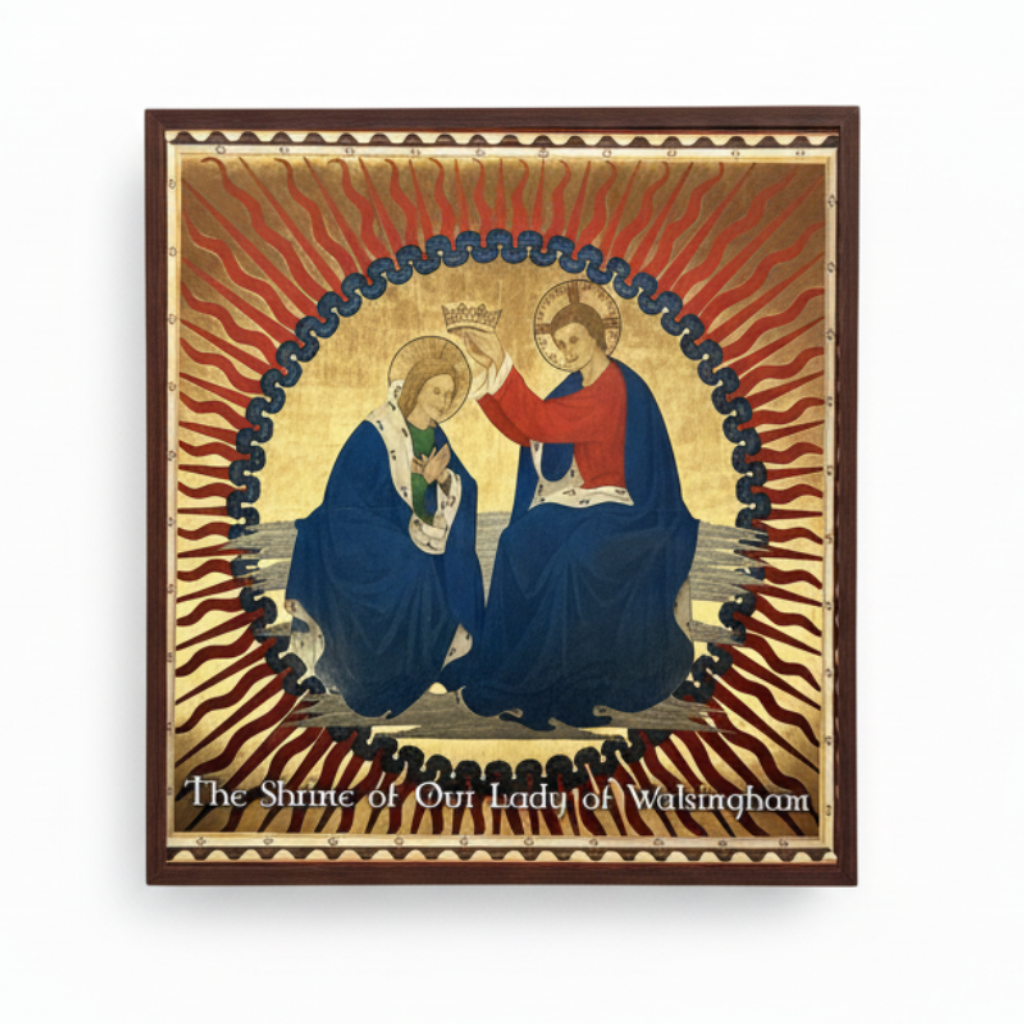 Icon painting depicting the Coronation of the Virgin Mary, with red and gold background, blue and white clothing on the figures, and the text 'The Shrine of Our Lady of Walsingham'.